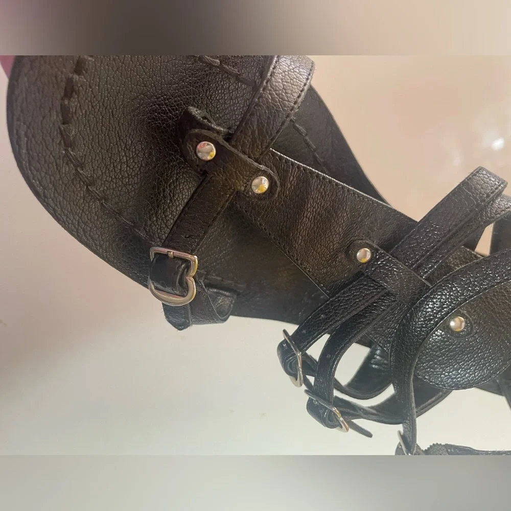 Sigerson Morrison Women’s Greek Black Leather Wood Heel Sandals - Picture 13 of 16